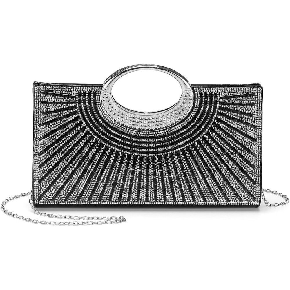 🆕Women Sparkly Black Polyester Rhinestone Clutch Evening Bag Shoulder Chain